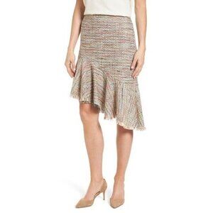 Halogen Tweed Skirt Asymmetrical Midi Skirt Multi Color Fringe Hem SZ 10 New